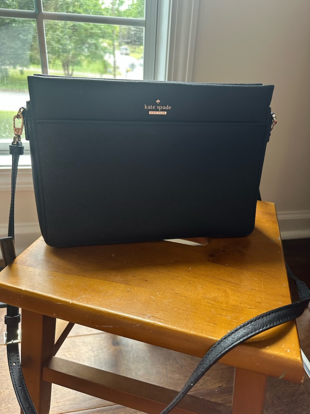 kate spade Black Leather Crossbody with Striped Lining